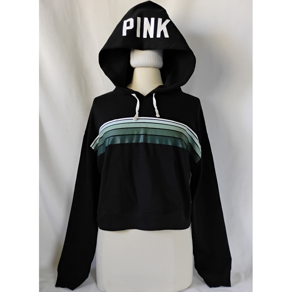 PINK Victoria's Secret Cropped Black Hoodie Green & White Stripes Hooded Soft